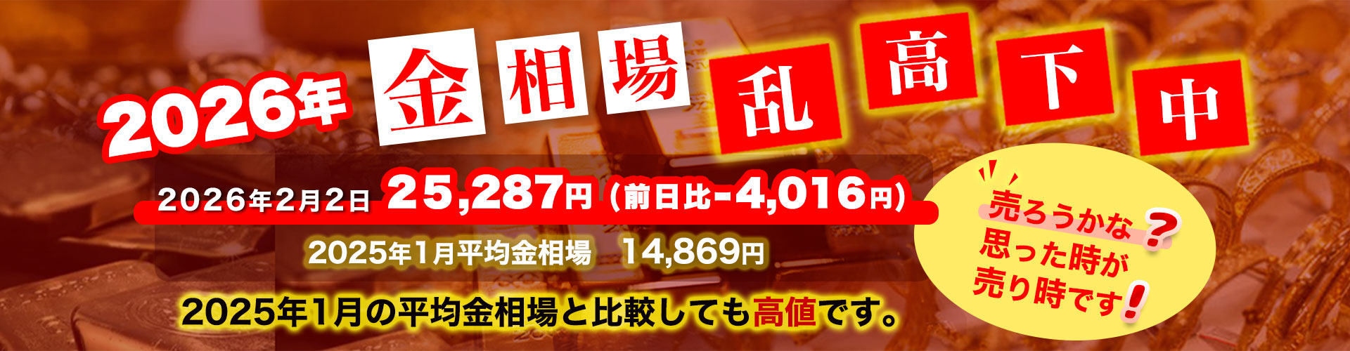 金相場乱高下中pc 金相場情報を伝える日本語の広告バナー。2026年の日付と大きな価格が強調されている